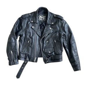 Vintage FIRST Black Leather Moto Biker Jacket Size 42 Classic Perfecto Style